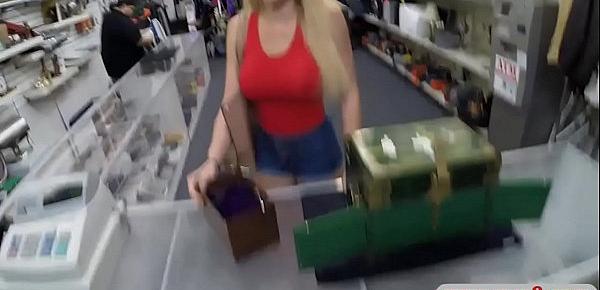  Big tits blonde woman nailed by pawn man in his office